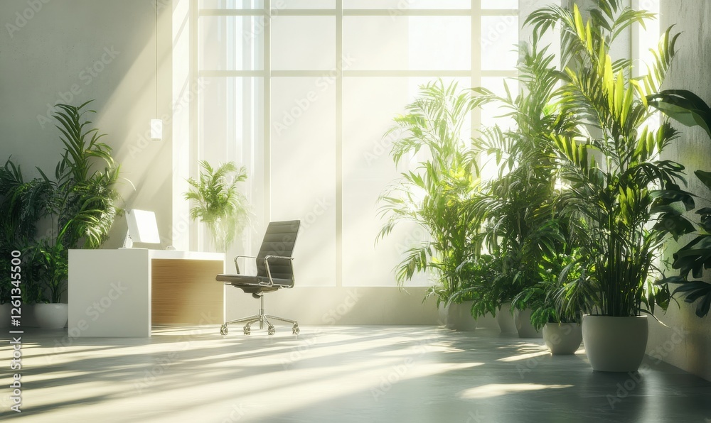 Minimalist green office space with sunlight streaming through tall windows, clean lines and lush indoor plants creating a calm atmosphere Minimalist green office space with sunlight streaming through tall windows, clean lines and lush indoor plants creating a calm atmosphere