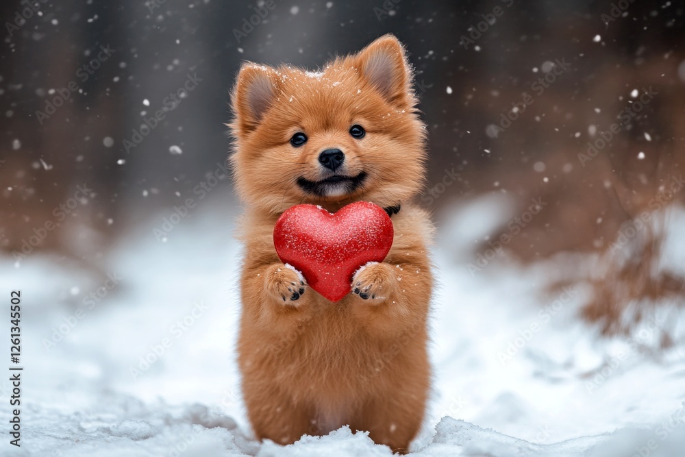 Obraz premium Ad campaign domestic animal idea. Finnish spitz - my beloved dog, symbol of friendship. Cute finnish spitz doggy with diamond red heart on a walk in a winter garden. Puppy sitting on red roses.