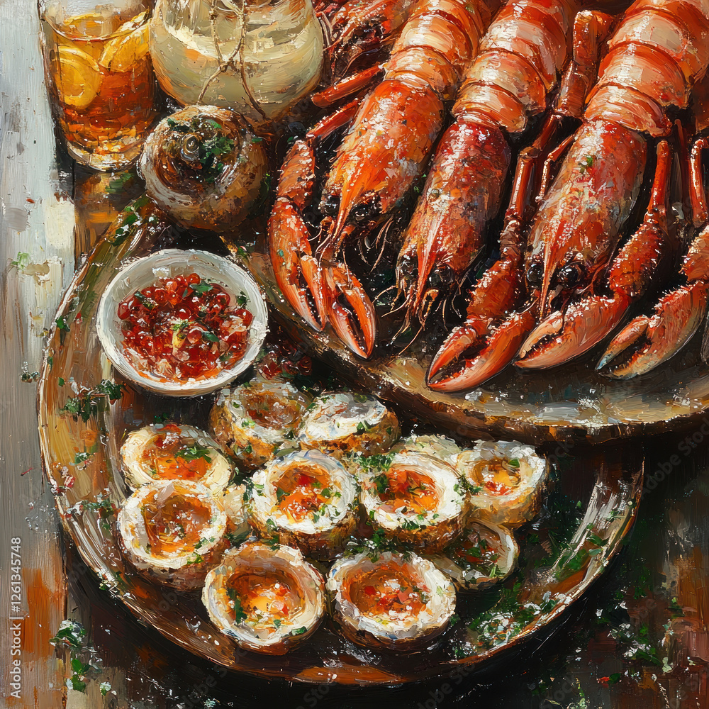 a picturesque still life depicting a sumptuous seaside dinner in the traditional oil technique. In the center of the composition is a large dish with bright red boiled crayfish, a picturesque still life depicting a sumptuous seaside dinner in the traditional oil technique. In the center of the composition is a large dish with bright red boiled crayfish,