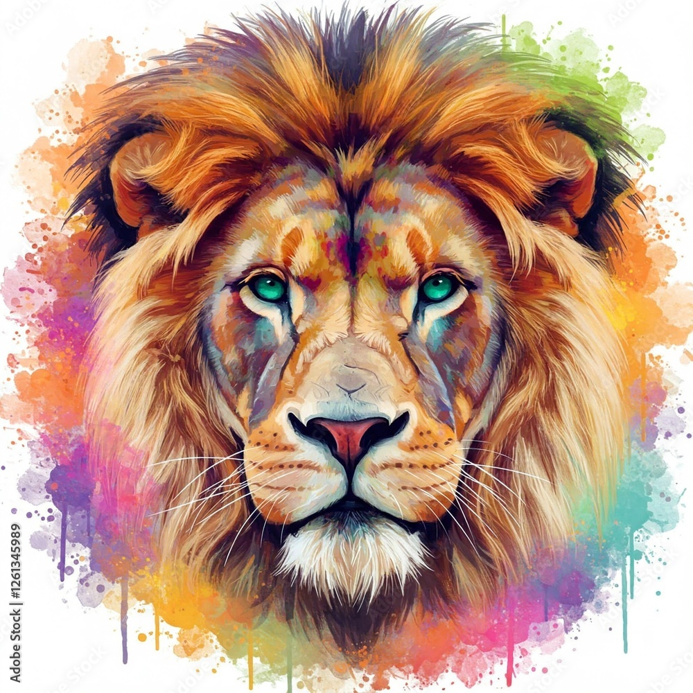 Fototapeta premium Colorful watercolor portrait of a lion. Majestic lion head, prominent mane bursting with vibrant hues of orange, pink, yellow, purple, and blue. Intense, expressive eyes, deep teal, gaze directly
