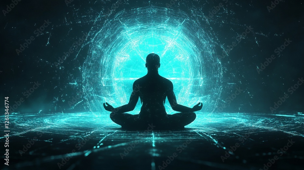 A man meditating in a blue room with a glowing orb in the background A man meditating in a blue room with a glowing orb in the background