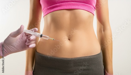 woman receiving a medical injection in her abdomen. The focus is on the injection process and the woman's midsection photo
