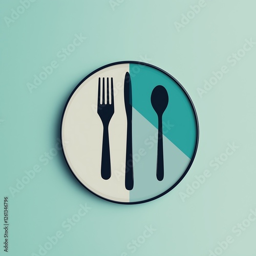 minimalistic, playful and calm blue and green coloured logo that shows a plate and table utencils from above photo