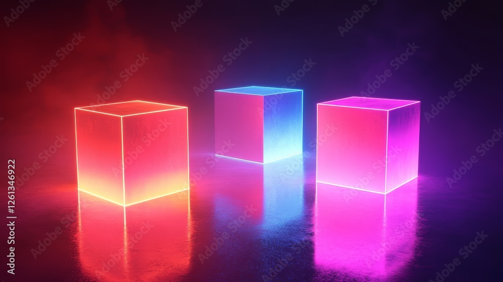 Three cubes of different colors are lit up and reflected in the water Three cubes of different colors are lit up and reflected in the water