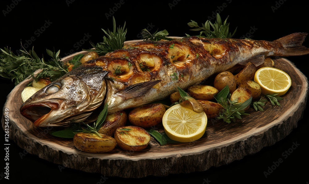 Whole roasted fish with golden-brown skin served with roasted potatoes, fresh herbs, and lemon slices on a rustic platter Whole roasted fish with golden-brown skin served with roasted potatoes, fresh herbs, and lemon slices on a rustic platter