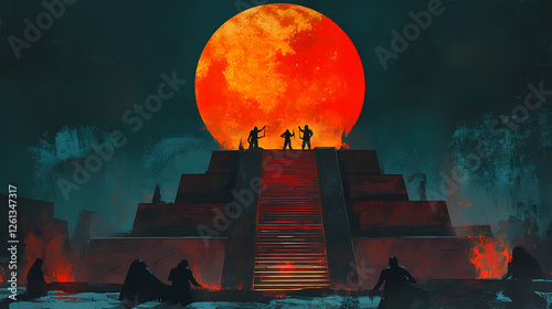 A haunting depiction of an aztec ritual under a blood moon, with shadowy figures performing chants near a glowing altar. Blood Moon Rituals. Illustration photo