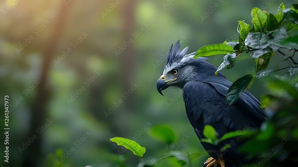 Obraz premium Majestic black eagle-hawk with distinctive blue-gray crest perched among green foliage in natural forest habitat, side profile against soft bokeh background.