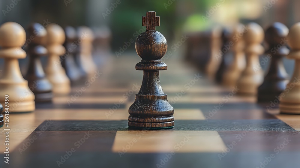 Dark wooden bishop chess piece in focus on classic board with blurred pawns in background, dramatic lighting highlights strategy and leadership concept. Dark wooden bishop chess piece in focus on classic board with blurred pawns in background, dramatic lighting highlights strategy and leadership concept.