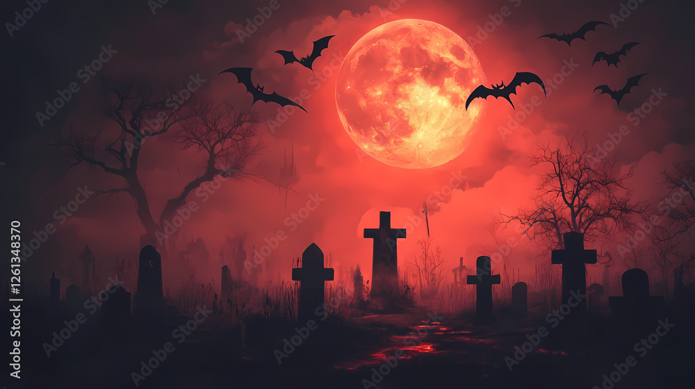 Eerie graveyard under blood moon with spooky bats a haunting journey through darkness and mystery. Blood Moon Rituals. Illustration Eerie graveyard under blood moon with spooky bats a haunting journey through darkness and mystery. Blood Moon Rituals. Illustration