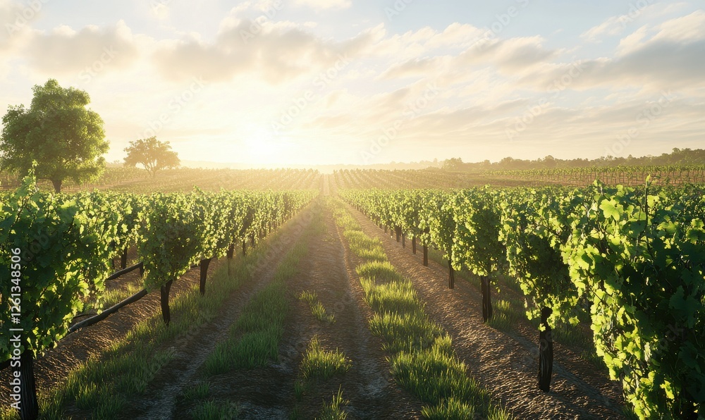 Naklejka premium Sunlit vineyard with rows of grapevines stretching into the distance, styled to emphasize the natural beauty and agricultural charm