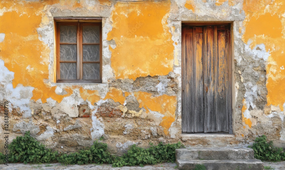 Textured rustic wall with peeling ochre paint and exposed stone, capturing the beauty of natural decay and timeless architecture Textured rustic wall with peeling ochre paint and exposed stone, capturing the beauty of natural decay and timeless architecture