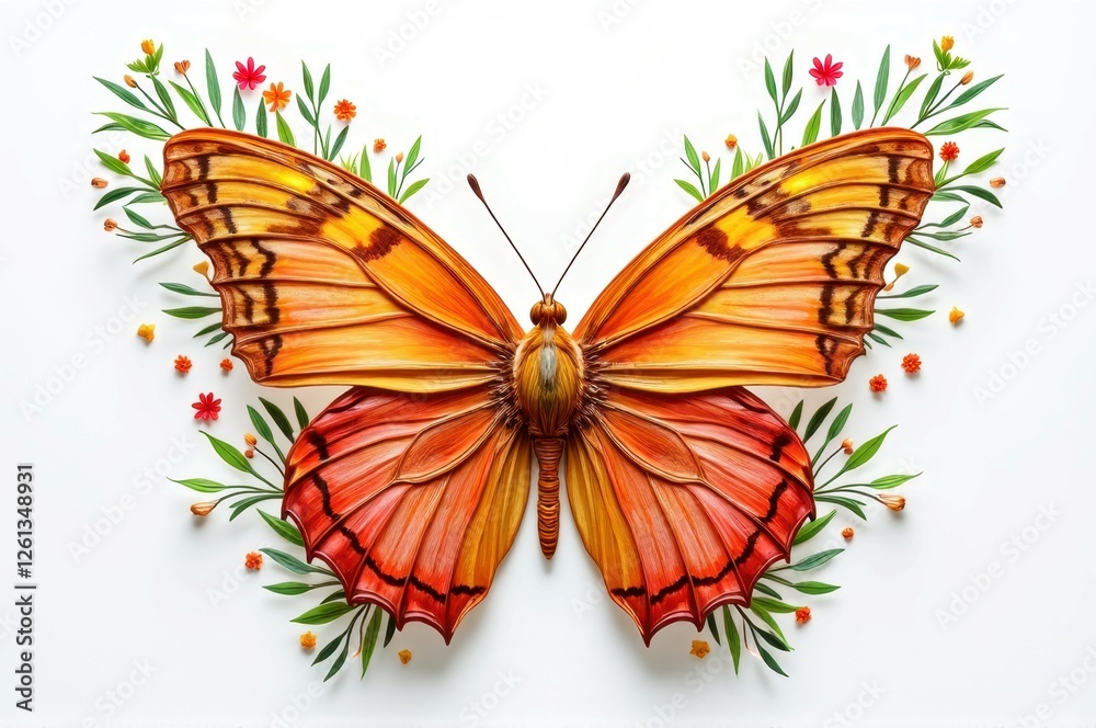 Obraz premium Vibrant orange butterfly with floral accents on white background