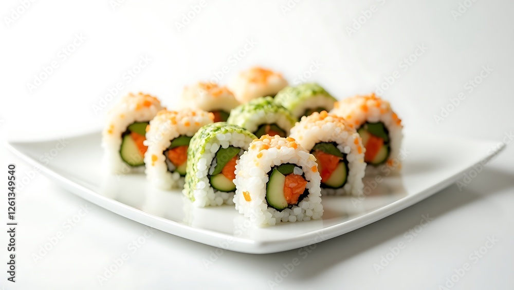 Delicious sushi rolls on a plate with colorful fillings and fresh ingredients Delicious sushi rolls on a plate with colorful fillings and fresh ingredients