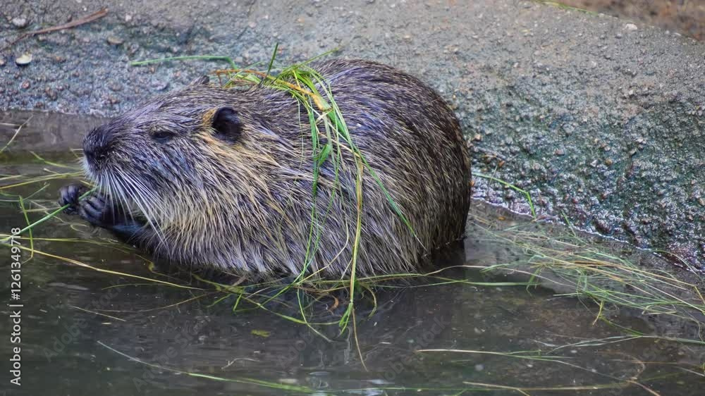 Close up view of a hungry Nutria sitting in a pond and eating weeds on a sunny day in the shade Close up view of a hungry Nutria sitting in a pond and eating weeds on a sunny day in the shade