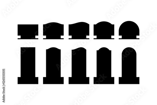 Graves silhouette vector isolated on white background, cemetery gravestone silhouette, tombstone element. Stella monument set. Concept death burial funeral, end of life.