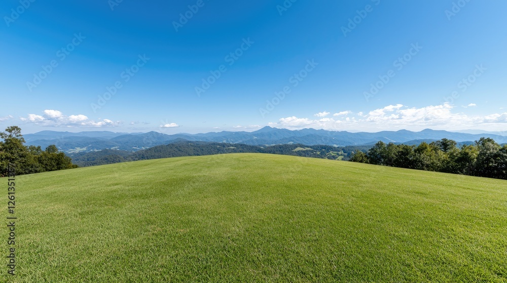 Expansive grassy hilltop overlooking distant mountains on a sunny day. Ideal for nature, travel, or tourism promotion Expansive grassy hilltop overlooking distant mountains on a sunny day. Ideal for nature, travel, or tourism promotion