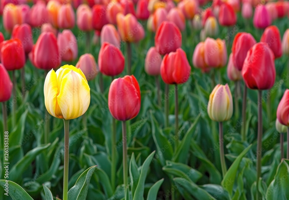 Fototapeta premium A field of colorful tulips in full bloom, with reds and oranges contrasting against the green grass background The focus is on one bright yellow tulip among the other tulip flowers Generative AI