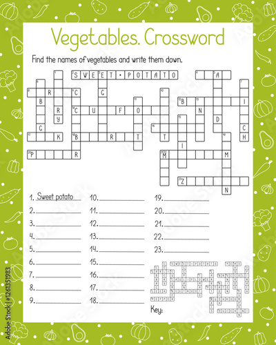 Vegetables crossword puzzle, word search activity hand drawn vector illustration printable worksheet for kids, educational or leisure game, topical English vocabulary on nutrition and food ingredients