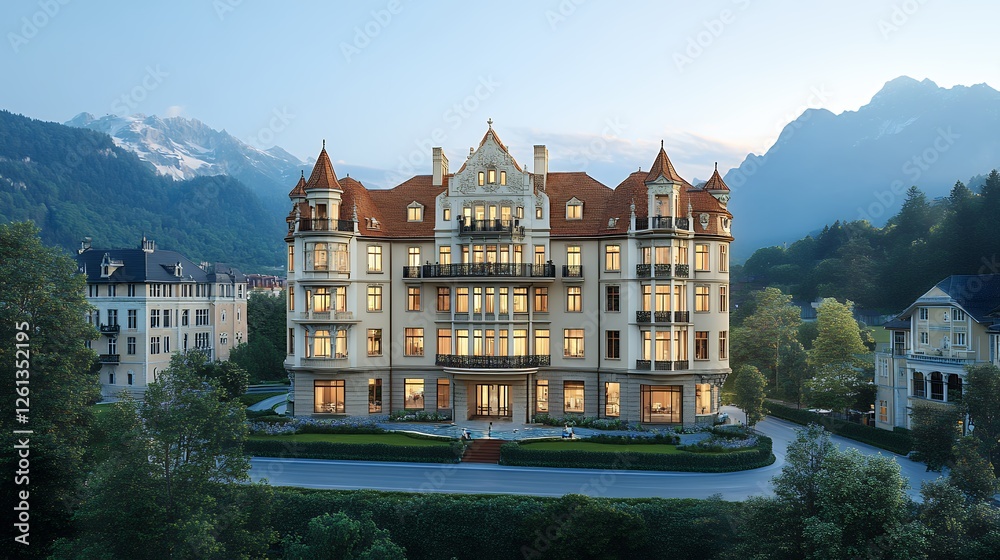 Fototapeta premium Elegant Mansion Surrounded by Mountains and Lush Greenery at Twilight in a Picturesque Alpine Setting