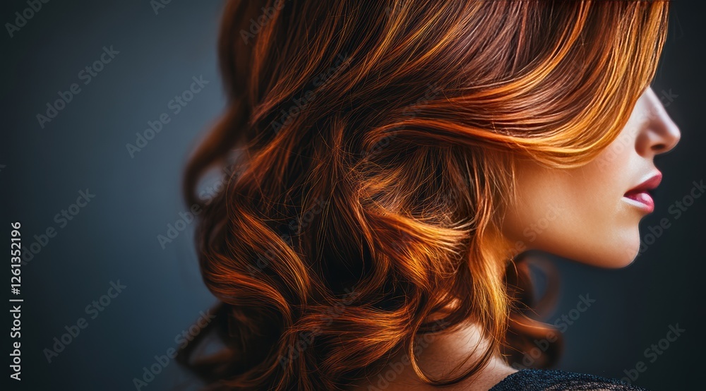 Naklejka premium A woman leans slightly to the side, revealing her profile. Her long, wavy hair features stunning shades of red and gold, creating a striking contrast against a dark background