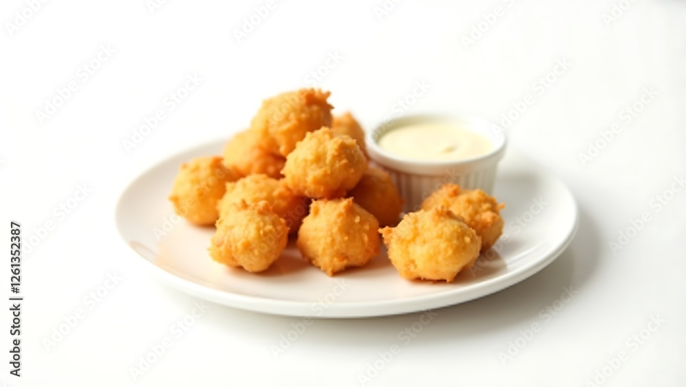 Delicious fried treats served with creamy dipping sauce on a plate Delicious fried treats served with creamy dipping sauce on a plate