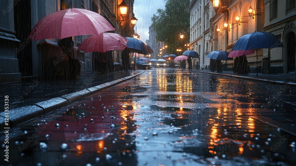 Obraz premium Rainy city street, glowing lights, people with umbrellas.