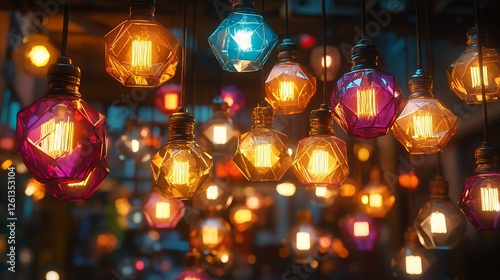 Colorful Hanging Glass Lights Illuminate a Cozy Indoor Space During an Evening Gathering