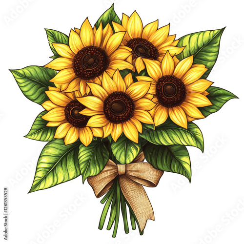 A bouquet of golden sunflowers with bright yellow petals and dark brown centers, large green leaves, tied with a burlap ribbon, transparent background, PNG