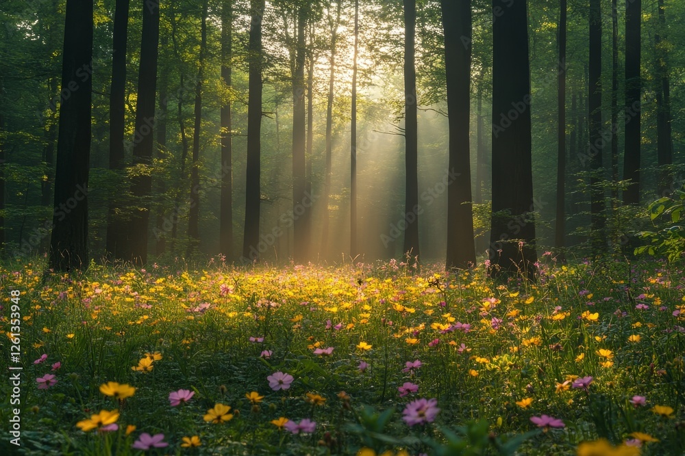 Obraz premium Sunlit forest meadow sunrise, floral background, nature scene, peaceful