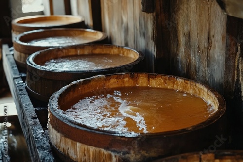 apple cider vinegar brewing process in wooden barrels, captured in a cider house