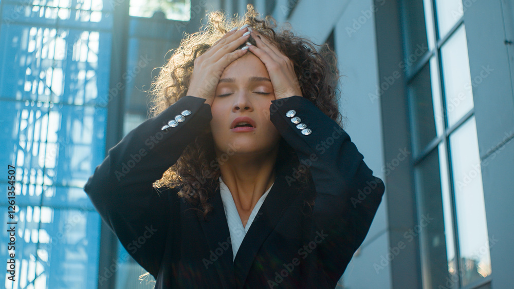 Fototapeta premium Unwell ill Caucasian business woman unhealthy overworked businesswoman feeling bad headache suffer in city sunny outdoors young exhausted tired girl office worker painful ache head problem medical aid