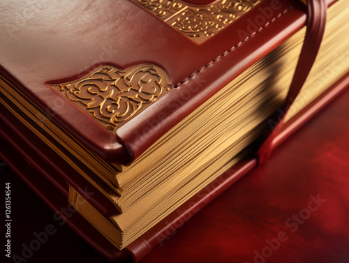 A close-up of a luxurious leather-bound journal with intricate gold accents, showcasing the detailed craftsmanship and refined textures of the cover under soft lighting. photo