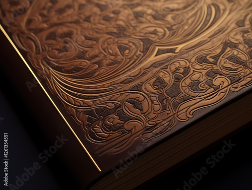 A close-up of a luxurious leather-bound journal with intricate gold accents, showcasing the detailed craftsmanship and refined textures of the cover under soft lighting. photo