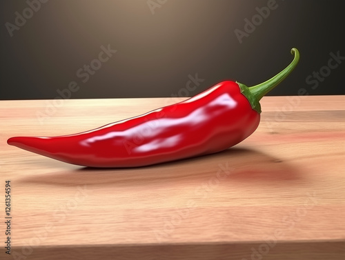 A close-up of a vibrant red chili pepper placed on a wooden cutting board, with soft lighting highlighting the texture of both the chili and the wood beneath. photo