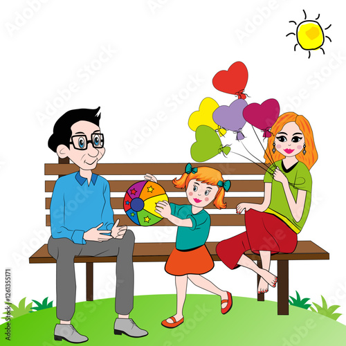 Familia sentada en un banco en el parque.