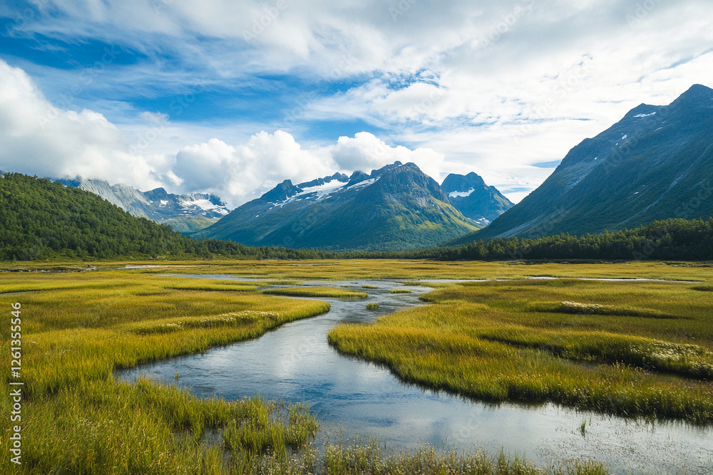 Fototapeta premium Vibrant wetlands and mountains. Generative AI