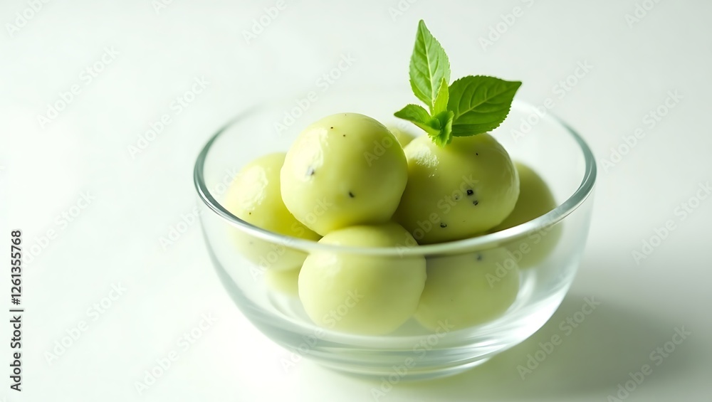 Obraz premium Fresh melon balls with mint leaves in clear glass bowl on white background