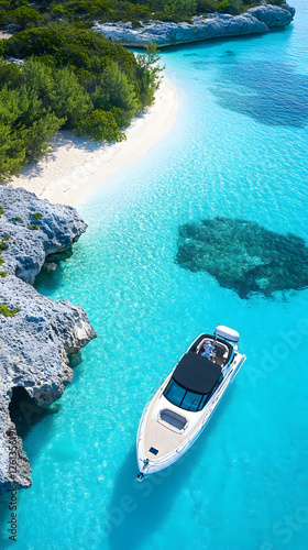 A drone photo of an open yacht in crystal-clear turquoise waters
