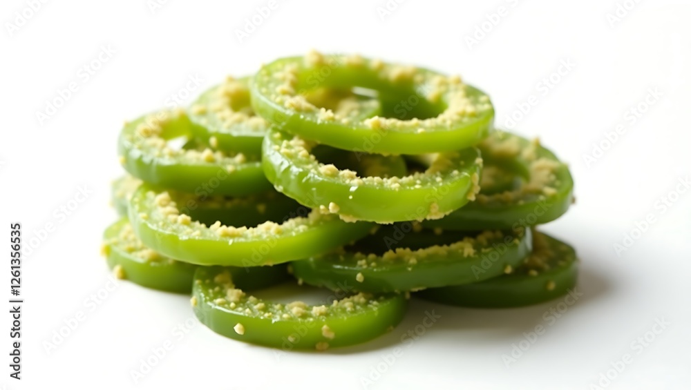 Green jelly rings stacked on a white surface with crushed nuts sprinkled Green jelly rings stacked on a white surface with crushed nuts sprinkled