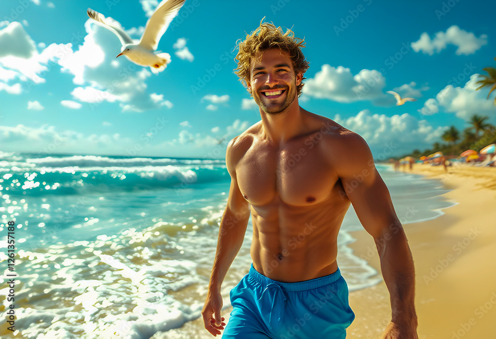 a cheerful swimmer, dressed in beachwear, strolls along the shoreline with a wide smile, enjoying the sunny day and the refreshing sea breeze, radiating a laid-back, carefree vibe