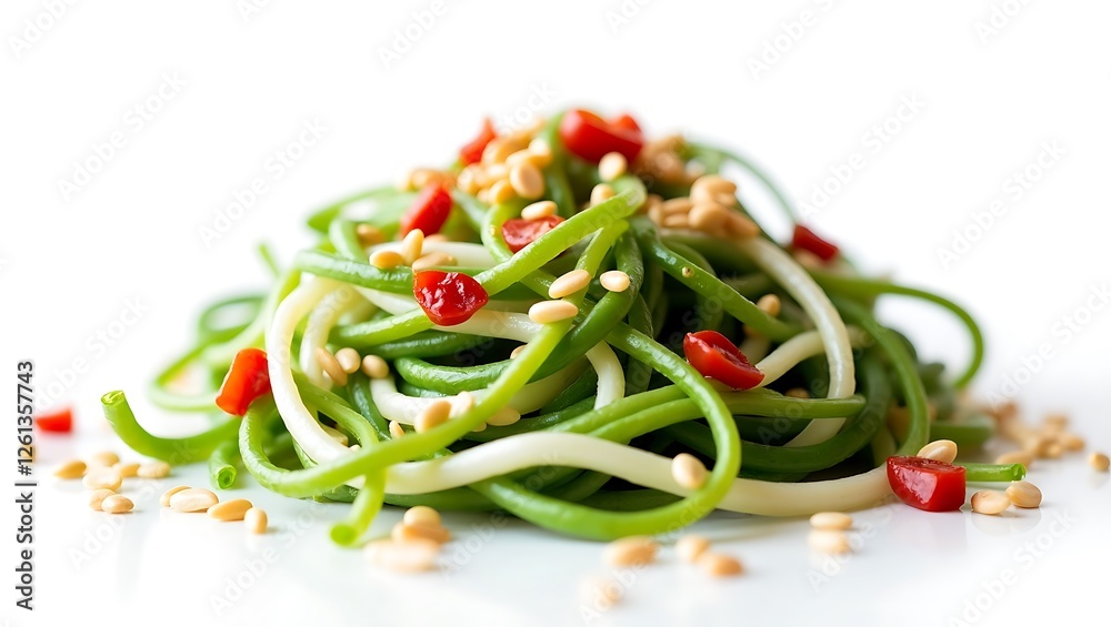Fresh green noodle salad with chili and sesame seeds for a healthy meal Fresh green noodle salad with chili and sesame seeds for a healthy meal