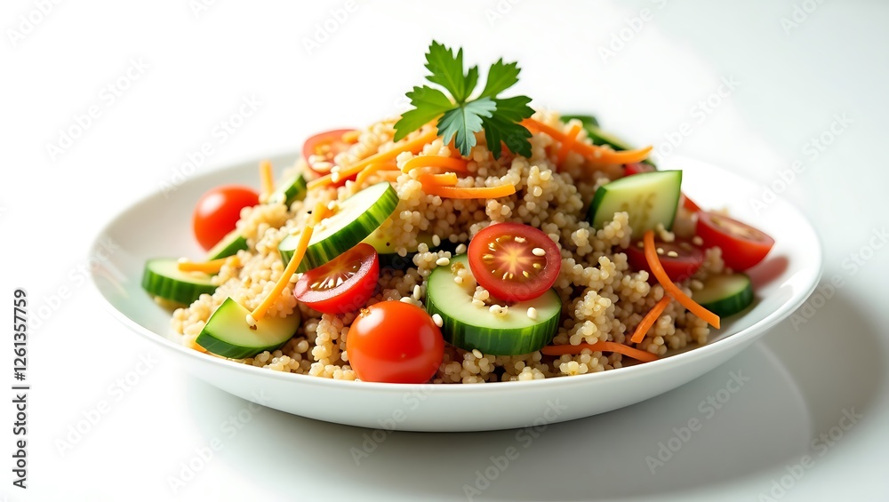 Fresh vegetable salad with couscous served on a white plate Fresh vegetable salad with couscous served on a white plate