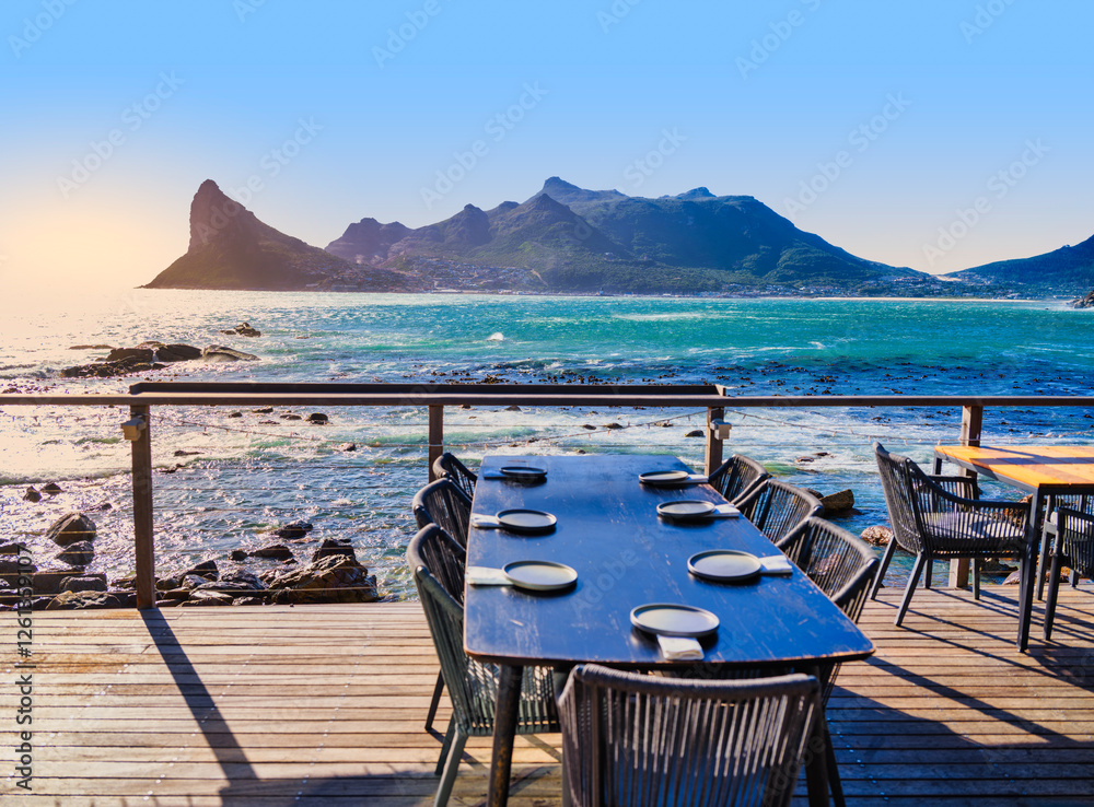 Sentinel Peak and Karbonkelberg Mountains with Dining Table in Soft Focus, Hout Bay, South Africa