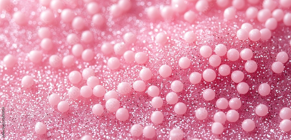 A pink glitter background adorned with white dots, creating a dreamy, festive backdrop for any design A pink glitter background adorned with white dots, creating a dreamy, festive backdrop for any design