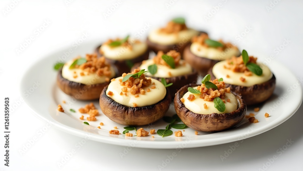 Grilled mushrooms topped with creamy filling and crunchy garnish Grilled mushrooms topped with creamy filling and crunchy garnish