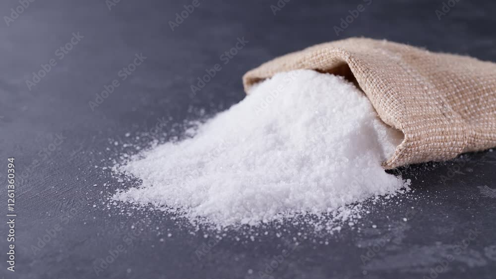 Salt is poured out of the bag onto a black stone table. salt in a sac on a black stone table.
