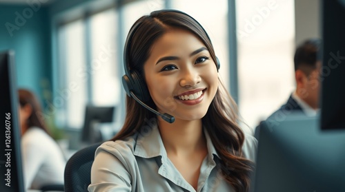 Filipino Female Call Center Agent Smiling While Wearing a Headset in a Modern Office