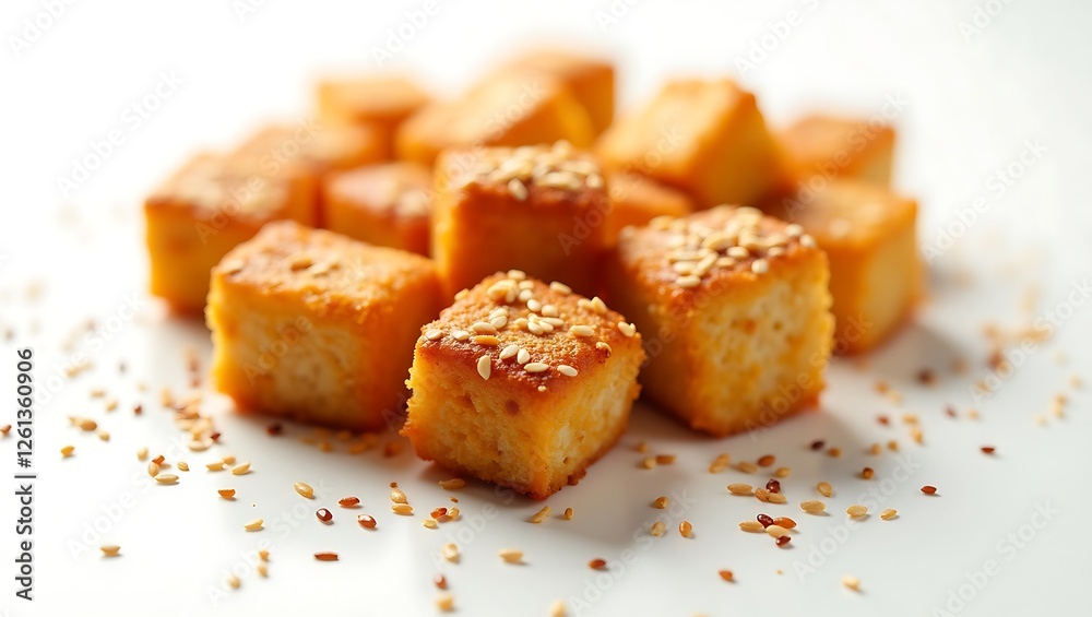 Delicious golden squares of baked treats with sesame topping on a clean surface Delicious golden squares of baked treats with sesame topping on a clean surface