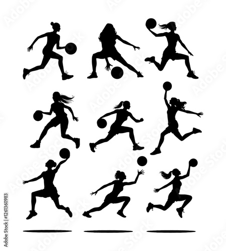 Wallpaper Mural Set of sporty women silhouettes workout playing basketball, hobby and leisure Torontodigital.ca