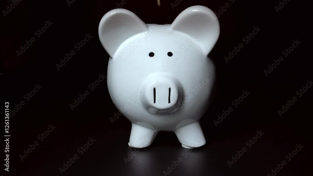 Closeup of a woman putting coin into piggy bank for saving money and financial concept A piggy bank is a small container used to save coins money box